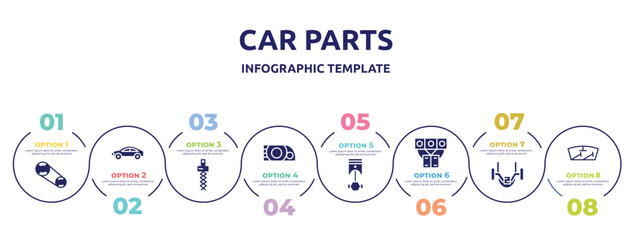 car parts concept infographic design template. included car camshaft, car hard top, coil, headlight, cylinder, manifold, anti-roll bar, windscreen icons and 8 option or steps.