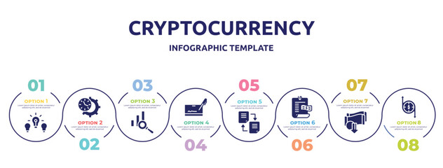 cryptocurrency concept infographic design template. included difference, time management, data analysis, cryptographic, distributed ledger, bills, devaluation, transfering icons and 8 option or