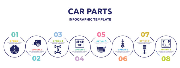 car parts concept infographic design template. included car fuel gauge, car tailpipe, axle, dashboard, bonnet, dipstick, piston, petrol gauge icons and 8 option or steps.