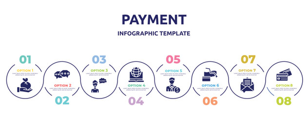 payment concept infographic design template. included wage, chat bubble, apology, intranet, banker, bankrupt, email marketing, debit card icons and 8 option or steps.