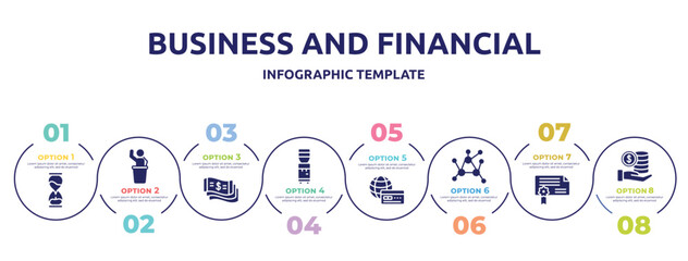 business and financial concept infographic design template. included sand clock, auctioneer, money flow, water dispenser, payment method, decentralized, authorization, stack icons and 8 option or