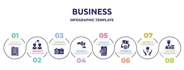 business concept infographic design template. included explanation, competitor, identification card, cooperate, dive, money transfer, advantage, accountant icons and 8 option or steps.