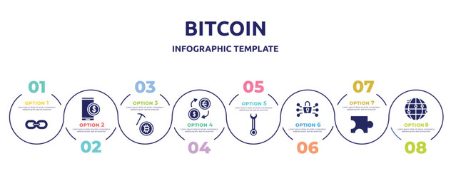 Fototapeta premium bitcoin concept infographic design template. included web link, stock price, bitcoin mining, money exchange, wrenches, cryptography, puzzle piece, network icons and 8 option or steps.