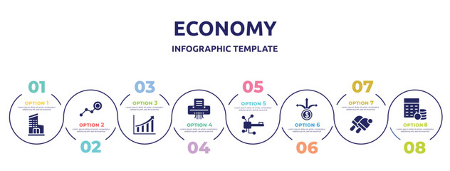 economy concept infographic design template. included department, limit, rise, paper shredder, digital key, pathway, , budgeting icons and 8 option or steps.