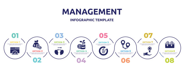 management concept infographic design template. included speed test, fund, empathy, invest, halving, criminal, rewards, attachment icons and 8 option or steps.