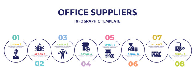 office suppliers concept infographic design template. included confusion, encrypted, confidence, fintech, calculate, rich, firewall, locker icons and 8 option or steps.