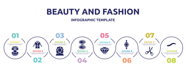 beauty and fashion concept infographic design template. included ring in box, parka, curly hair, pocket mirror, big diamond, luxury watch, children scissors, eyebrow icons and 8 option or steps.