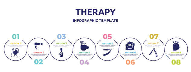 therapy concept infographic design template. included modern haicut, electric hairdryer, nail paint, hair washing sink, barber knife, soap bar, open razor, acupuncture icons and 8 option or steps.