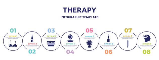 therapy concept infographic design template. included brassiere, eye, solarium, powder and mirror, mirror reflection, lipstick cosmetic, eye pencil, mindfulness icons and 8 option or steps.