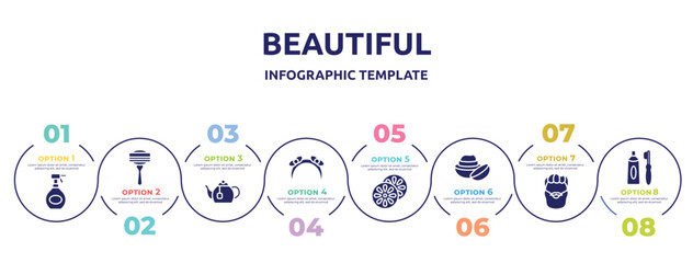 beautiful concept infographic design template. included hair spray bottle, disposable razor, tea pot, headbands, citrus, face cream, man with moustache and bear, tooth paste and brush icons and 8