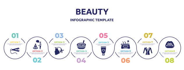 beauty concept infographic design template. included straightener, therapy, hairstyle, soup, sun protection, cosmetic case, suit on hanger, women lips icons and 8 option or steps.
