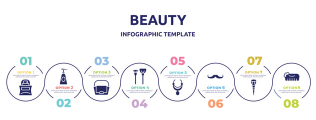 Fototapeta premium beauty concept infographic design template. included parfume bottle, soap dispenser, big hand bag, make up brush, aztec necklace, long hipster moustache, makeup brush, hand comb icons and 8 option