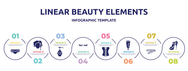 Fototapeta premium linear beauty elements concept infographic design template. included panties with lace, beauty treatment, liquid soap, two eyelashes, women cor, cream tube, bobby pins, high heel icons and 8 option
