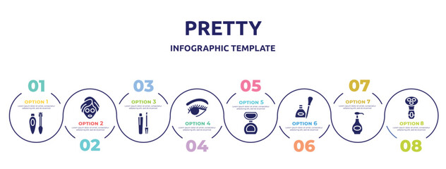 pretty concept infographic design template. included eyes mascara, beauty face mask, gloss, woman eye, matte powder, eye, body lotion, electric shaver for women icons and 8 option or steps.