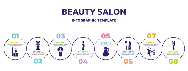 beauty salon concept infographic design template. included manicure, roll on deodorant, blush brush, lipstick with cover, french perfume, toothbrush and toothpaste, hair cut, inc icons and 8 option