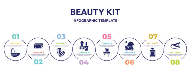 beauty kit concept infographic design template. included hair washer sink, pillow, hair rollers, two nail polish, mirrored vanity desk, bath sponge, french perfume bottle, hair straightner icons and