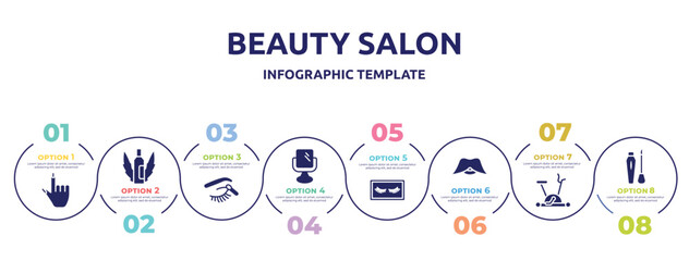 Fototapeta premium beauty salon concept infographic design template. included finger with nail, aloe vera, eye shadow makeup, makeup mirror, false eyelashes, big moustache, excersive bike, liquid lipstick icons and 8
