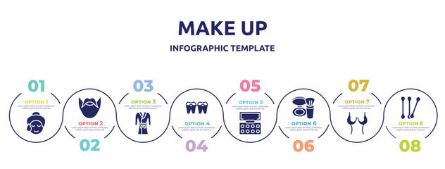 make up concept infographic design template. included glowing skin, hipster, robe, braces, eyeshadow, blush, breast reduction, cotton buds icons and 8 option or steps.