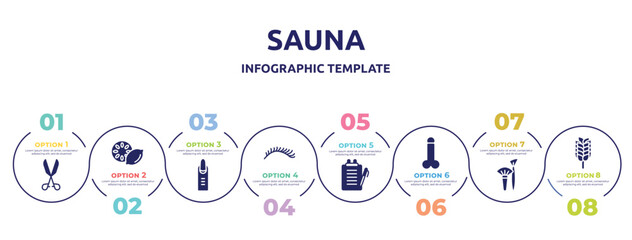 Fototapeta premium sauna concept infographic design template. included medical tools, lemon slice, nail, eyelashes, medical report, , brushes, birch whisk icons and 8 option or steps.