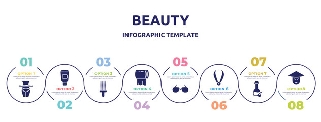 Fototapeta premium beauty concept infographic design template. included slim, hair softener, circular comb, tissue paper, sun glasses, pluck, olive oil, asian icons and 8 option or steps.