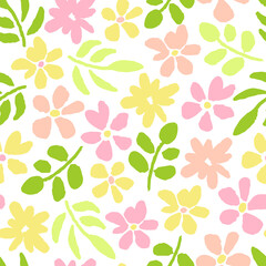 Cute floral vector seamless pattern. Pink, yellow flowers, green leaves on a white background. For fabric prints, textiles, clothing. Spring-summer collection.