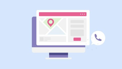 Website contact us page on virtual screen - business location, company information - address, phone, email communication concept.