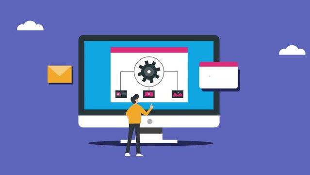 Man at desktop using cms software technology, managing and publishing online content concept. 