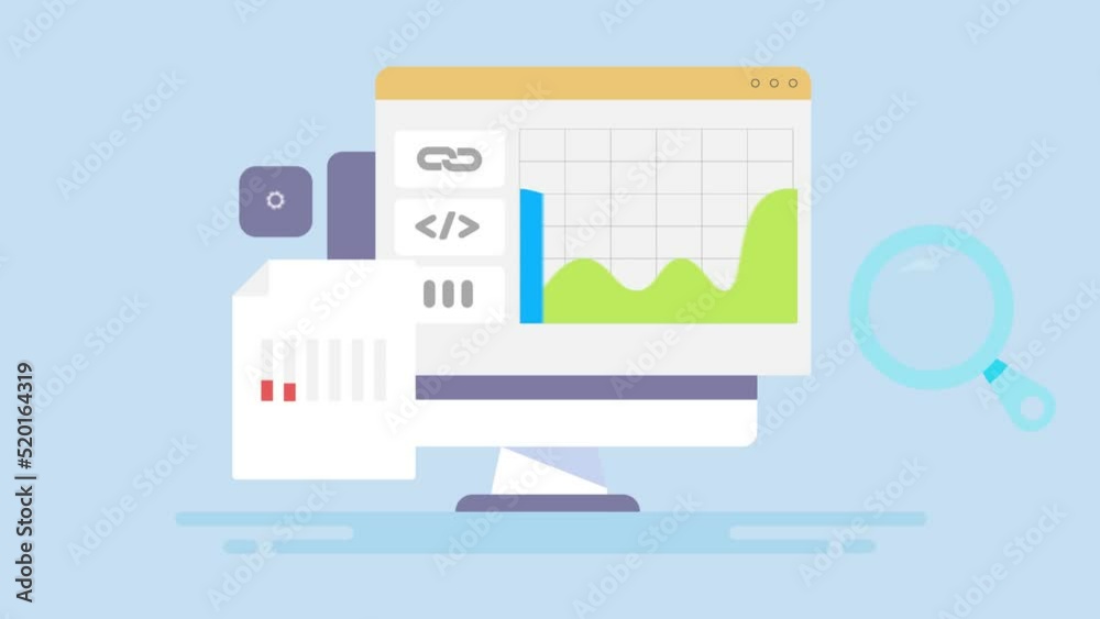 Wall mural seo analytics software displaying marketing kpi, business data on dashboard, video animation.