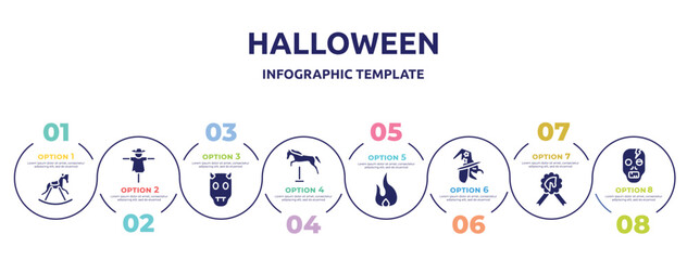 halloween concept infographic design template. included horse rocker black, scarecrow, devil, horse jumping, fire flame, witch, horse race recognition ribbon, zombie icons and 8 option or steps.