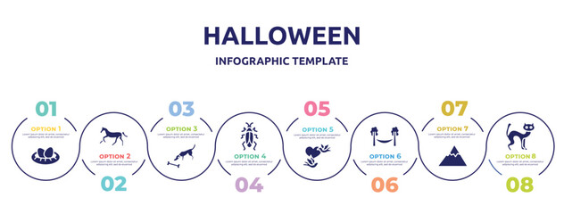halloween concept infographic design template. included nest with eggs, horse running, dog smelling a bone, roach, birds couple, hammock, mountain range, black cat icons and 8 option or steps.