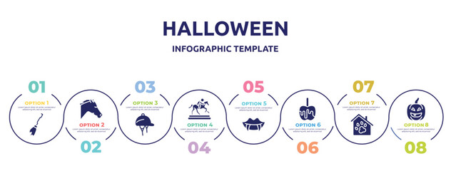 halloween concept infographic design template. included broom, horse head, hat for a jockey, trophy of horses races, fangs, caramelized, pet hotel, lantern icons and 8 option or steps.