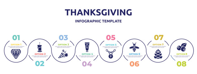 thanksgiving concept infographic design template. included diamonds, candles, grapes, sun lotion, locks, beekeeper, pine cone, berries icons and 8 option or steps.