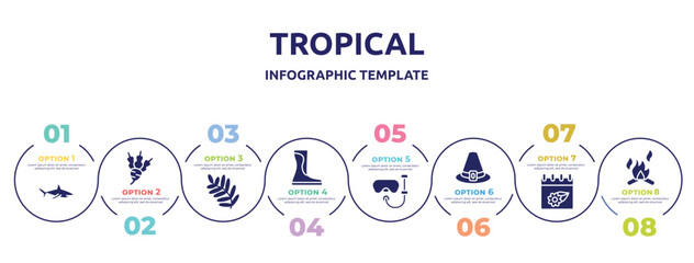 tropical concept infographic design template. included sharks, beet, fern, wellington, snorkel, pirim, season, campfire icons and 8 option or steps.