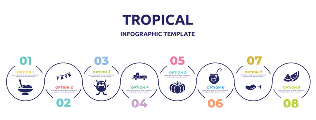 tropical concept infographic design template. included mashed potatoes, garlands, monster, pickup truck, pumpkin, punch bowl, leg, watermelon icons and 8 option or steps.