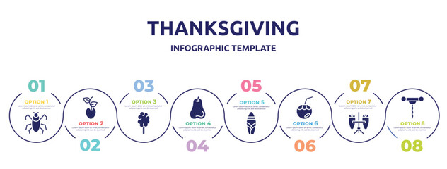 thanksgiving concept infographic design template. included insect, seeds, cotton candy, pear, suroard, coconut water, conga, corkscrew icons and 8 option or steps.