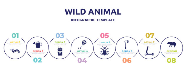 wild animal concept infographic design template. included slug, watering can, walkie talkie, kite, antlion, streetlight, scooter, grizzly bear icons and 8 option or steps.