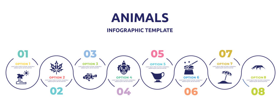 animals concept infographic design template. included pictures, fall, clown fish, clown, gravy, magic wand, sun umbrella, anteater icons and 8 option or steps.