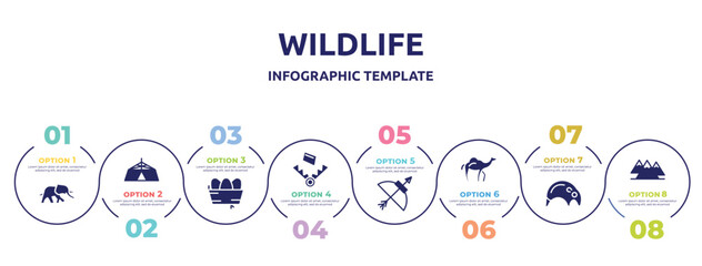 wildlife concept infographic design template. included elephants, jaima tent, nest, trap, bow and arrow, dromedary, tapir, mountains icons and 8 option or steps.