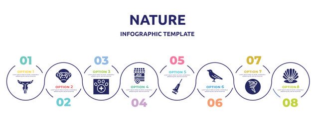 nature concept infographic design template. included bull skull, chimpanzee, veterinarian, food stand, vaccine, crow, tornado, pearl icons and 8 option or steps.