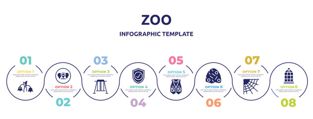 zoo concept infographic design template. included harebell, branches, swing, guard, vest, anthill, cobweb, cage icons and 8 option or steps.