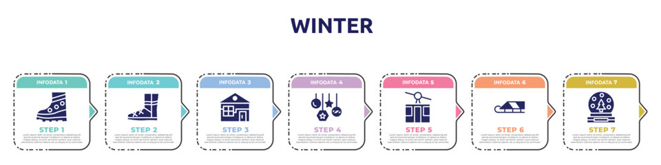 winter concept infographic design template. included snow boot, winter boots, winter cabin, bauble, ski lift, sledge, snow globe icons and 7 option or steps.