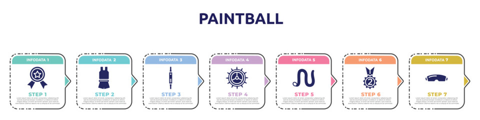 paintball concept infographic design template. included first prize, sport wear, fitness watch, crank, earthworm, second place, goggle icons and 7 option or steps.