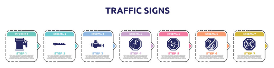 traffic signs concept infographic design template. included fuel filling, native american flute, malfunction indicador, bend, road collapse, no fishing, no waiting icons and 7 option or steps.