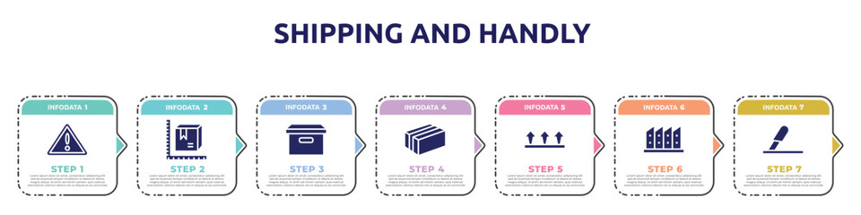 shipping and handly concept infographic design template. included danger, parcel size, cardboard box with lid, cardboard box with packing tape, this side up, manufacturing plant, use cutter icons
