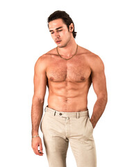 Fototapeta premium Three quarters shot of handsome shirtless athletic young man