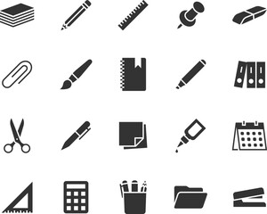 Vector set of stationery flat icons. Contains icons paper, pen, pencil, eraser, scissors, glue, folder, stapler, paper clip and more. Pixel perfect.