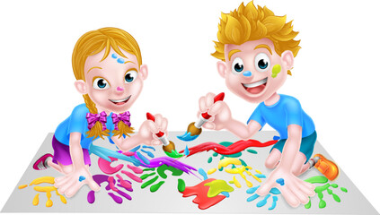 Two Cartoon Children Painting