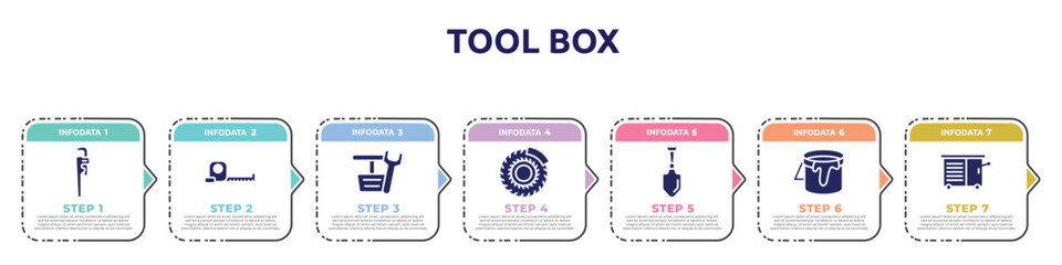 tool box concept infographic design template. included stillson wrench, open scale, pedals, brake disc, gardening palette, open paint bucket, vise icons and 7 option or steps.