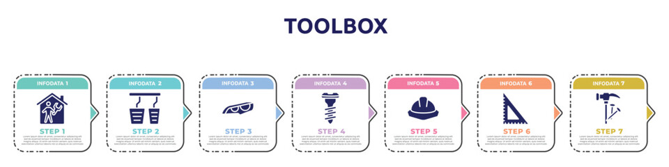 toolbox concept infographic design template. included repairman inside a home, accelerator, headlights, screw, utensils, , hammer and nail icons and 7 option or steps.
