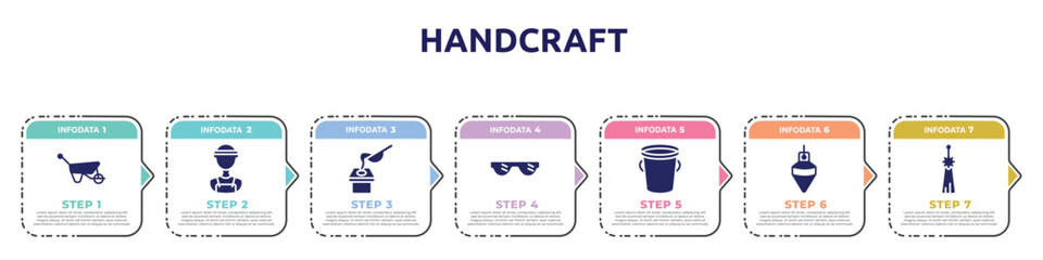 handcraft concept infographic design template. included barrow, electrician service, crucible, eye protection, water bucket, plumb bob, norigae icons and 7 option or steps.
